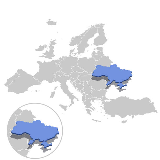 illustrazioni stock, clip art, cartoni animati e icone di tendenza di illustrazione vettoriale dell'ucraina in blu sul modello grigio della mappa dell'europa con replica ingrandita del paese. - inghilterra ucraina