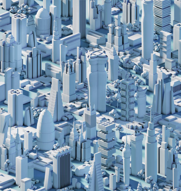 istock 3D Render Abstract city. City plan, streets and skyscrapers with neon traffic lights effect 1373144778