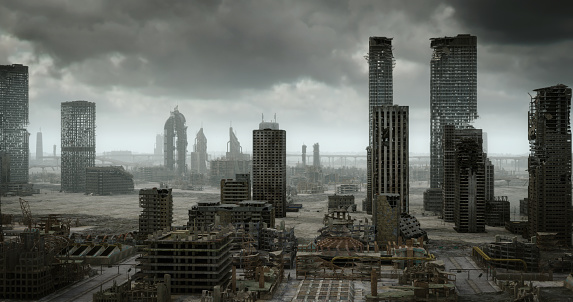 Digitally generated post apocalyptic scene depicting the consequence of a nuclear holocaust, showing a desolate urban landscape with tall buildings in ruins and mostly cloudy sky. 

The scene was created in Autodesk® 3ds Max 2022 with V-Ray 5 and rendered with photorealistic shaders and lighting in Chaos® Vantage with some post-production added.