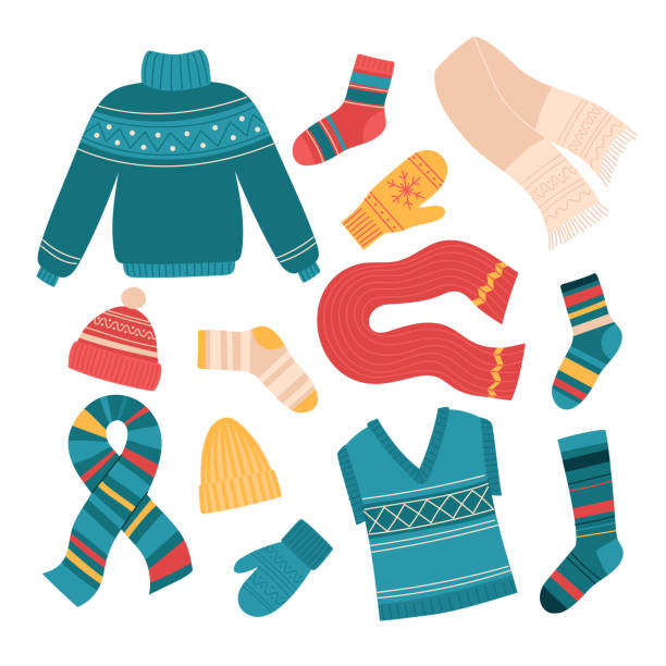 니트 와 크로 셰 뜨개질 스카프, 양말, 장갑, 스웨터, 모자, 조끼 - warm clothing stock illustrations