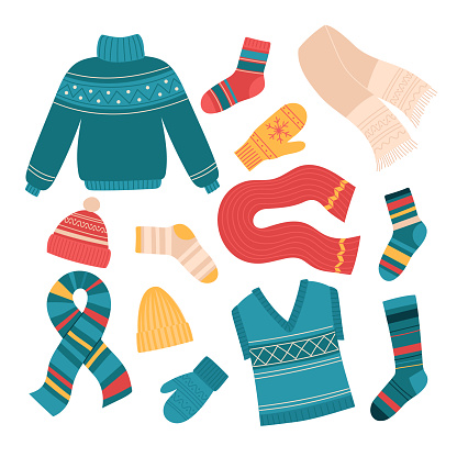 Knitted and crochet scarf, socks, mittens, sweater, hat, vest. Wool handmade clothes. Set of flat isolated vector illustrations