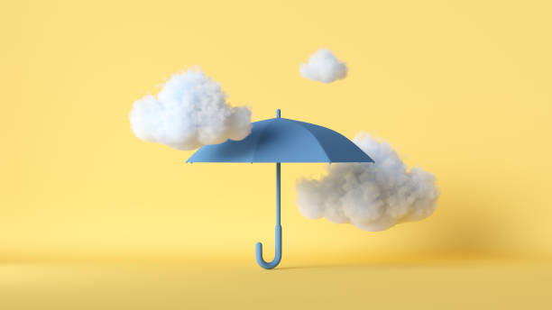 istock 3d render, white clouds and blue umbrella, isolated on yellow background. Weather concept. Modern minimal scene 1373150883