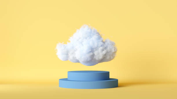 istock 3d render, white fluffy cloud levitates above the blue stage podium with steps, isolated on yellow background. One of a kind or uniqueness concept. Modern minimal scene. Abstract metaphor 1373150899