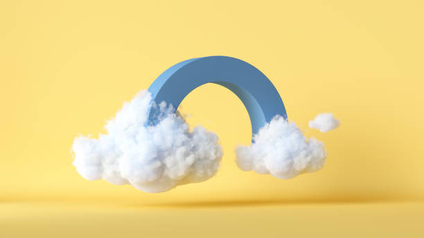 istock 3d render, white fluffy clouds linked with blue round arch, isolated on yellow background. Modern minimal scene. Abstract metaphor 1373150955