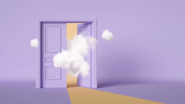 istock 3d render, white clouds flying outside the wide open violet double doors. Architectural or interior element isolated on lilac background. Dream metaphor 1373150981