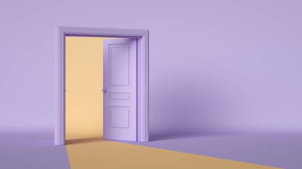 istock 3d render, yellow road leads to opening double doors in light violet room. Architectural or interior element isolated on lilac background 1373150992