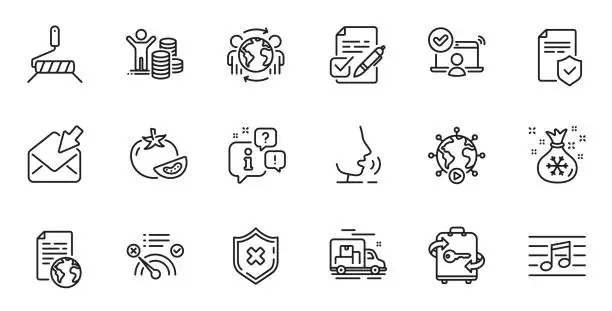 Vector illustration of Outline set of Reject protection, Santa sack and Insurance policy line icons for web application. For design. Vector