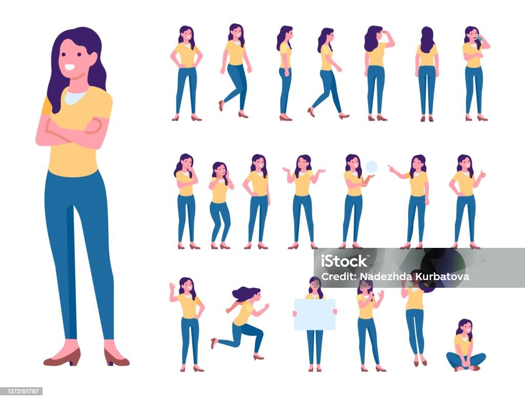 Ilustración de Poses De Personajes Femeninos De Dibujos Animados Mujer  Activa En Jeans Posando Ropa Casual Diferentes Emociones Y Actividades  Cotidianas Chica De Pie Y Caminando Conjunto De Posiciones Corporales De  Personas