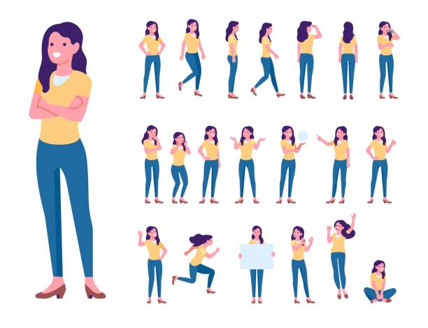 Cartoon female character poses. Active woman in jeans posing. Casual clothes. Different emotions and everyday activities. Standing and walking girl. Vector persons body positions set Cartoon female character poses. Active woman in blue jeans posing. Casual clothes. Different emotions and everyday activities. Standing and walking girl. Vector isolated persons body positions set gesturing stock illustrations