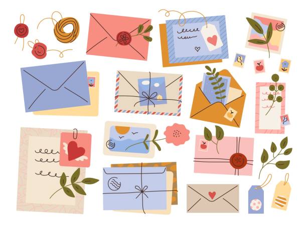 Envelopes with postmarks and letters. Paper postal elements. Twigs of plants. Sealing wax and twine. Vintage sending messages. Postcards and flowers. Post stamps. Vector correspondence set Envelopes with postmarks and letters. Cute paper postal elements. Twigs of plants. Sealing wax and twine. Vintage sending messages. Postcards and flowers. Post stamps. Vector mail correspondence set message illustrations stock illustrations