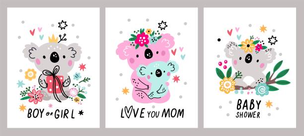 ilustrações de stock, clip art, desenhos animados e ícones de cute koala greeting cards. australian bears in flowers with baby text. mom and kids characters. funny mammals family. nature creatures with eucalyptus and gifts. vector jungle animals set - eucalyptus tree tree australia tropical rainforest