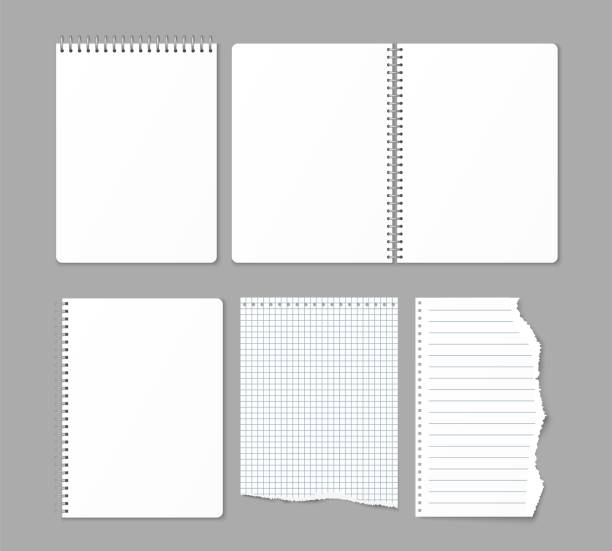 Realistic spiral notebook. Metal pages binding. Different paper markup types. Blanked 3D notepads and torn out sheets. Metallic wire binder. Note perforated edges. Vector copybooks set Realistic spiral notebook. Gray metal pages binding. Different paper markup types. Blanked 3D notepads mockup and torn out sheets. Metallic wire binder. Note perforated edges. Vector copybooks set markup stock illustrations