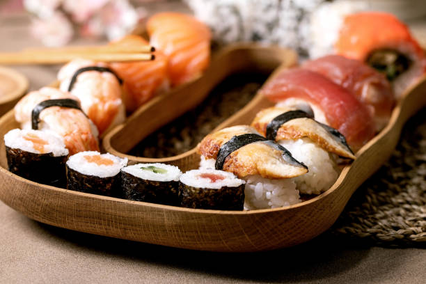 istock Japanese dish sushi and rolls rice with fish 1373152387