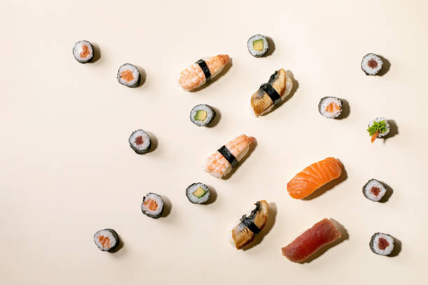 istock Japanese dish sushi and rolls rice with fish 1373152388