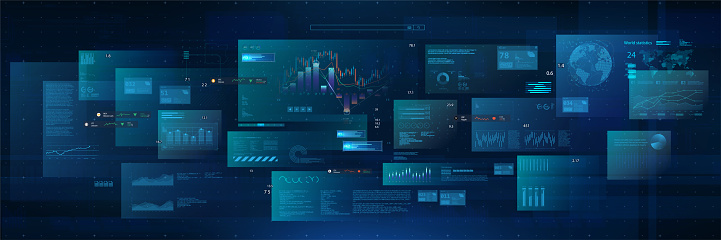 Modern cyberspace with UI and HUD. Modern Business Background with graphic, charts, infographic, big data and indicators. Modern Economics and Big Data Analysis. HUD business background. Vector