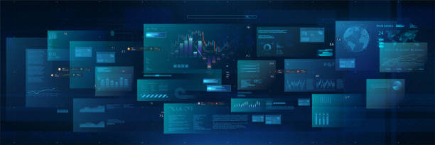 Modern cyberspace with UI and HUD Modern cyberspace with UI and HUD. Modern Business Background with graphic, charts, infographic, big data and indicators. Modern Economics and Big Data Analysis. HUD business background. Vector database stock illustrations