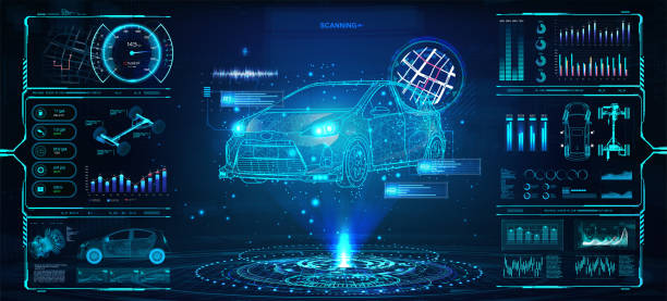 Diagnostic Auto in HUD style Diagnostic Auto in HUD style. Scan and Maintenance Automobile in 3D visualisation hologram. Hi-tech Car Service with HUD interface. Dashboard in auto service, diagnostic car, repairs cars. Vector automobile industry stock illustrations