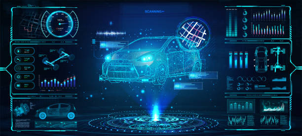 Diagnostic Auto in HUD style Diagnostic Auto in HUD style. Scan and Maintenance Automobile in 3D visualisation hologram. Hi-tech Car Service with HUD interface. Dashboard in auto service, diagnostic car, repairs cars. Vector car technology stock illustrations