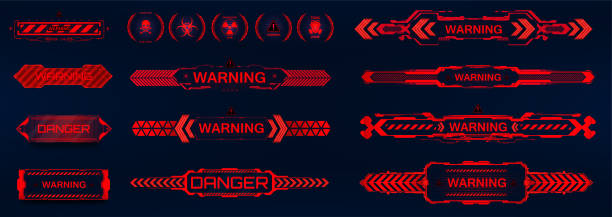 Futuristic warning signs in HUD interface style Futuristic warning signs in HUD interface style. Red notification - warning and danger for game UI, UX, GUI. Futuristic sci-fi callout headings, infobox panels, pop up, infobox. HUD vector elements time danger stock illustrations