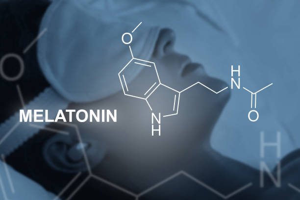 Melatonin formula and sleeping woman during the night stock photo