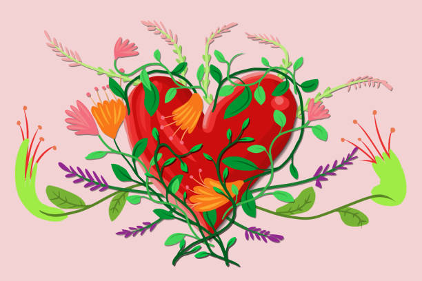 Forever Spring in my heart Illustration of a heart entwined with flowers and plants, love for Spring season first day of spring stock illustrations
