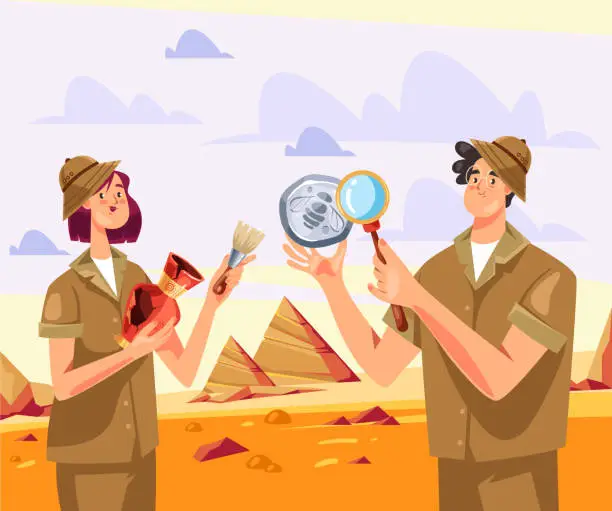 Vector illustration of Archeologist people characters man woman discover artifact concept. Vector flat cartoon graphic design illustration