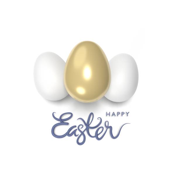 Isolated realistic 3D oval shape easter eggs standing in the middle of white background with Happy Easter text. Easy to crop for all social media and print design sizes.