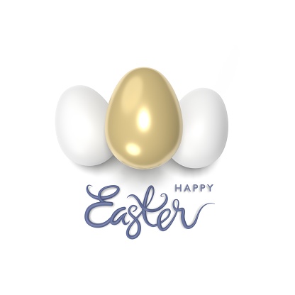 Isolated realistic 3D oval shape easter eggs standing in the middle of white background with Happy Easter text. Easy to crop for all social media and print design sizes.