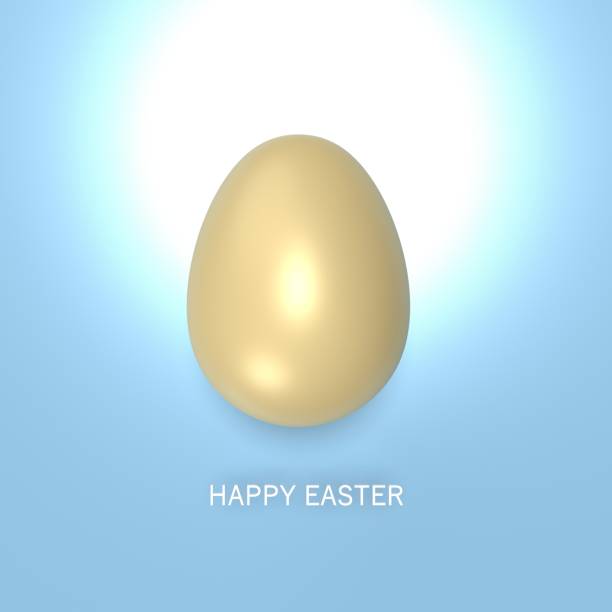 Isolated single realistic 3D oval shape gold easter egg standing in the middle of blue background. Easy to crop for all social media and print design sizes.