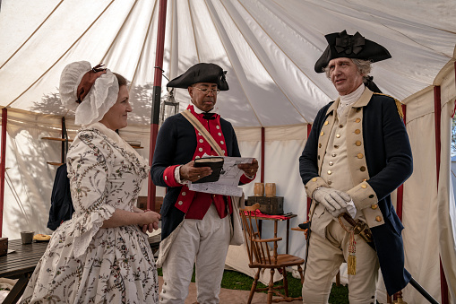 Reenactor portraying George Washington participates in the American Revolution reenactment in Huntington Beach Central Park on February 12th 2022.