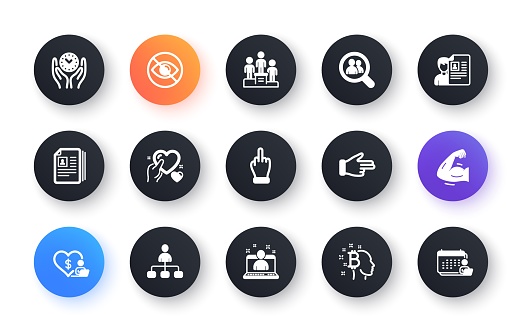Minimal set of Best manager, Volunteer and Strong arm flat icons for web development. Job interview, Middle finger, Business podium icons. Click hand, Cv documents, Bitcoin think web elements. Vector