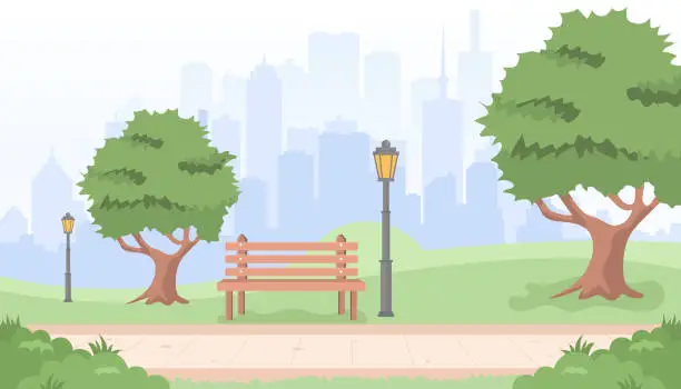 Vector illustration of Bench with tree and lantern in the Park. Vector illustration in flat style Summer city park panorama vector illustration.