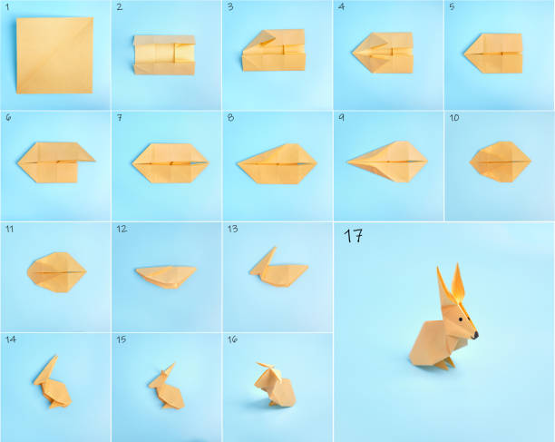 Origami Bunny. Step-by-step photo instruction on a blue background. Easter bunny. DIY concept Origami Bunny. Step-by-step photo instruction on a blue background. Easter bunny. DIY concept origami instructions stock pictures, royalty-free photos & images