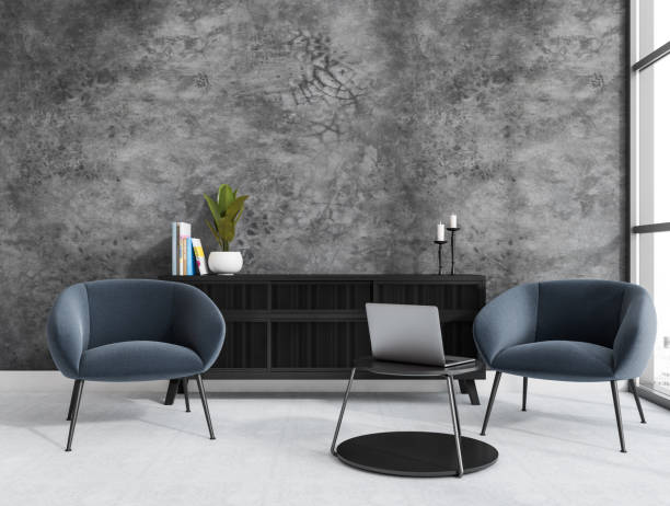 istock Dark living room interior with two comfortable blue armchairs 1373163614