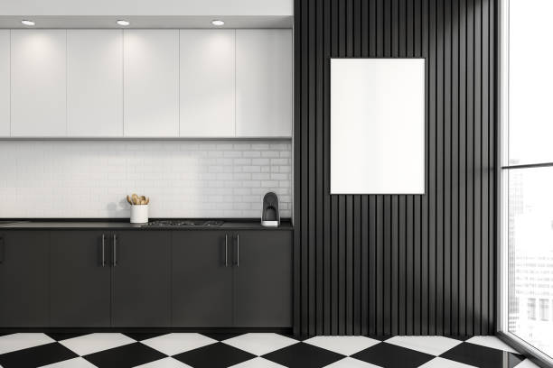 istock White and black kitchen interior with appliances and tiled floor, mockup poster 1373163703