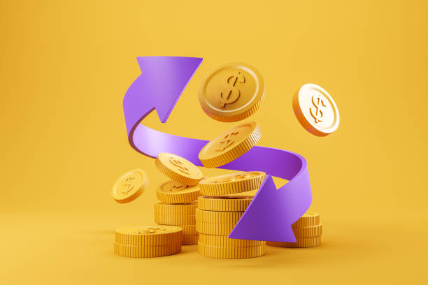 Golden coins on bright background, online payment and refund Coins with dollar sign floating, violet arrows. Cashback and return in online shopping. Concept of refund and digital payment with money back. 3D rendering refund stock pictures, royalty-free photos & images