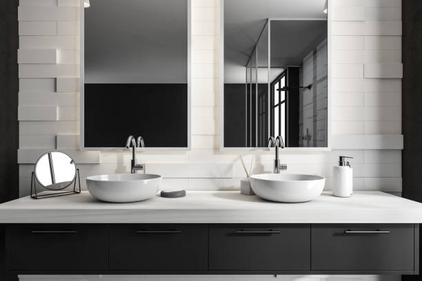 istock Bathroom interior with sink and mirror, accessories on white wooden deck 1373164931