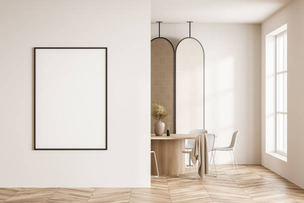 istock Light guest room interior with chairs, table and panel screen, mockup poster 1373165155