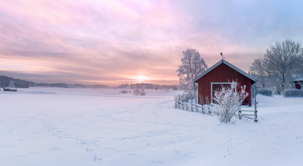 istock Winter view of a red barn at sunset 1373165273