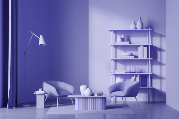 istock Violet reading room interior with seats and coffee table, shelf with decoration 1373165282