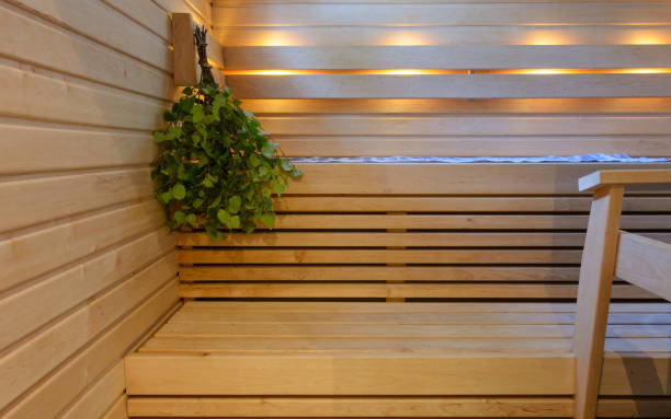 Interior of Finnish sauna or classic wooden sauna. Relax and treatment in the spa