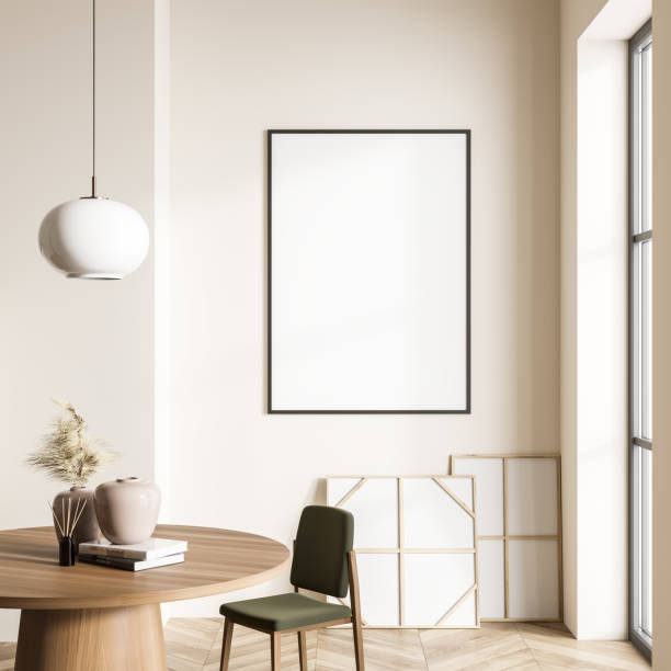istock Bright living room interior with empty white poster, panoramic window 1373165406