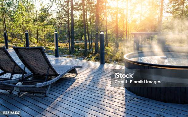 Modern Big Barrel Outdoor Hot Tub In The Middle Of Forest Stock Photo - Download Image Now
