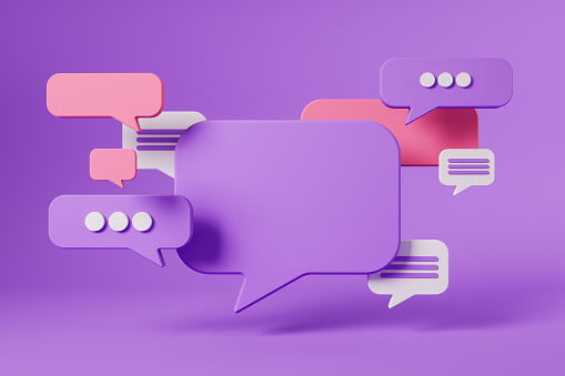 Blank colorful message notification. Violet speech bubble with copy space. Concept of social media and online communication. 3D rendering