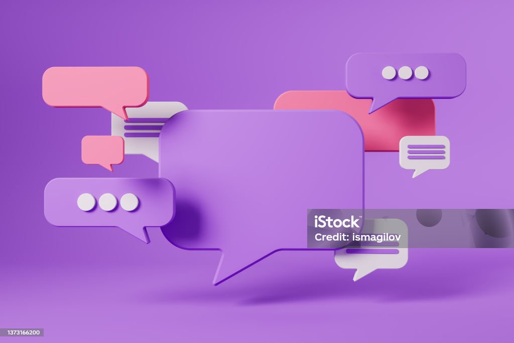 Different notifications on violet background, pop-up messages. Copy space Blank colorful message notification. Violet speech bubble with copy space. Concept of social media and online communication. 3D rendering Speech Bubble Stock Photo
