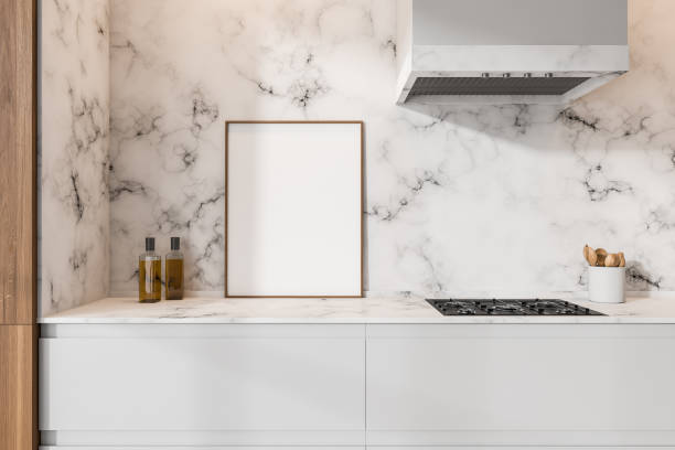 istock Close up view on bright kitchen room interior with poster 1373166305