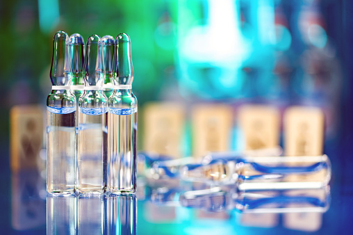 Close up shot of vaccine glass ampoules in a laboratory