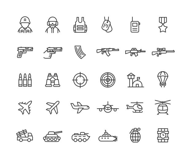 Defense Industry Line Icons Editable Stroke Set of defense industry line vector icons. Editable stroke. military stock illustrations