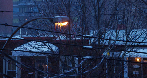 Icy Street lamp at dawn during snow storm.