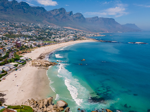 Camps Bay beach Cape Town from above with drone aerial view, Camps Bay Cape Town.